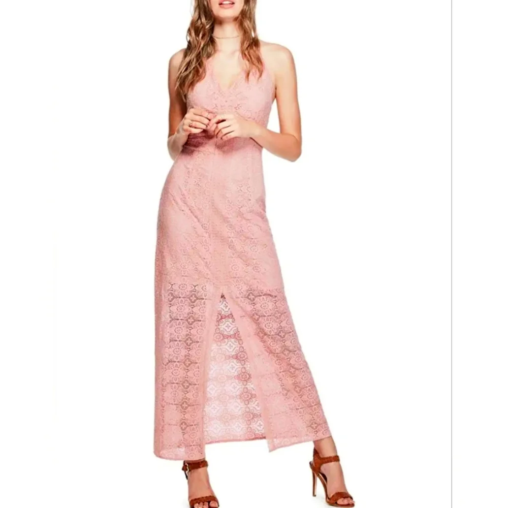Guess Size 10 Halter Tie Back Dusty Pink Lace Maxi Dress - Picture 15 of 15